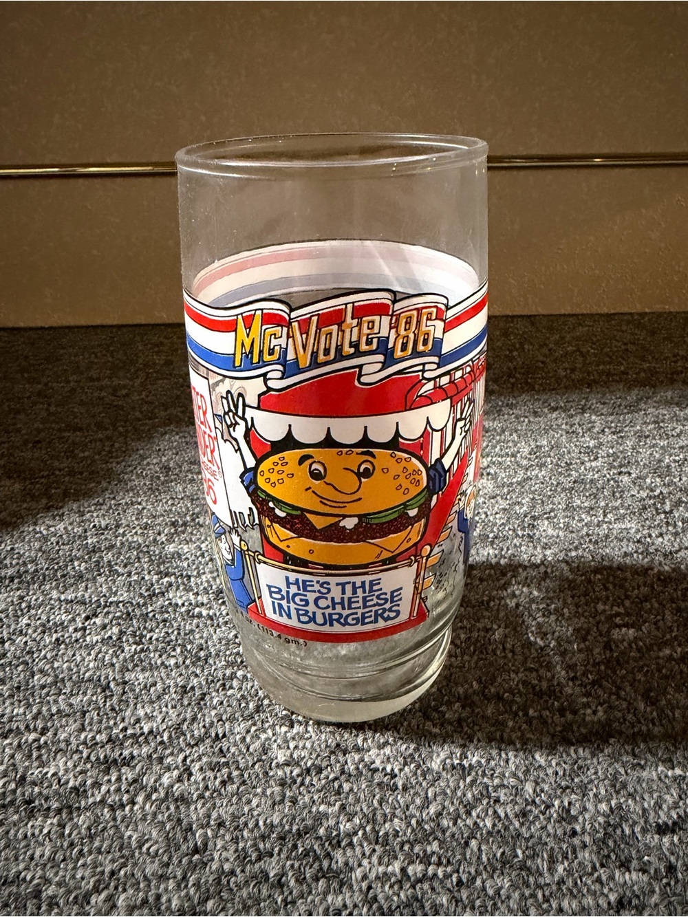 Vintage McVote '86 Promotional Burger Glass - Red white and blue